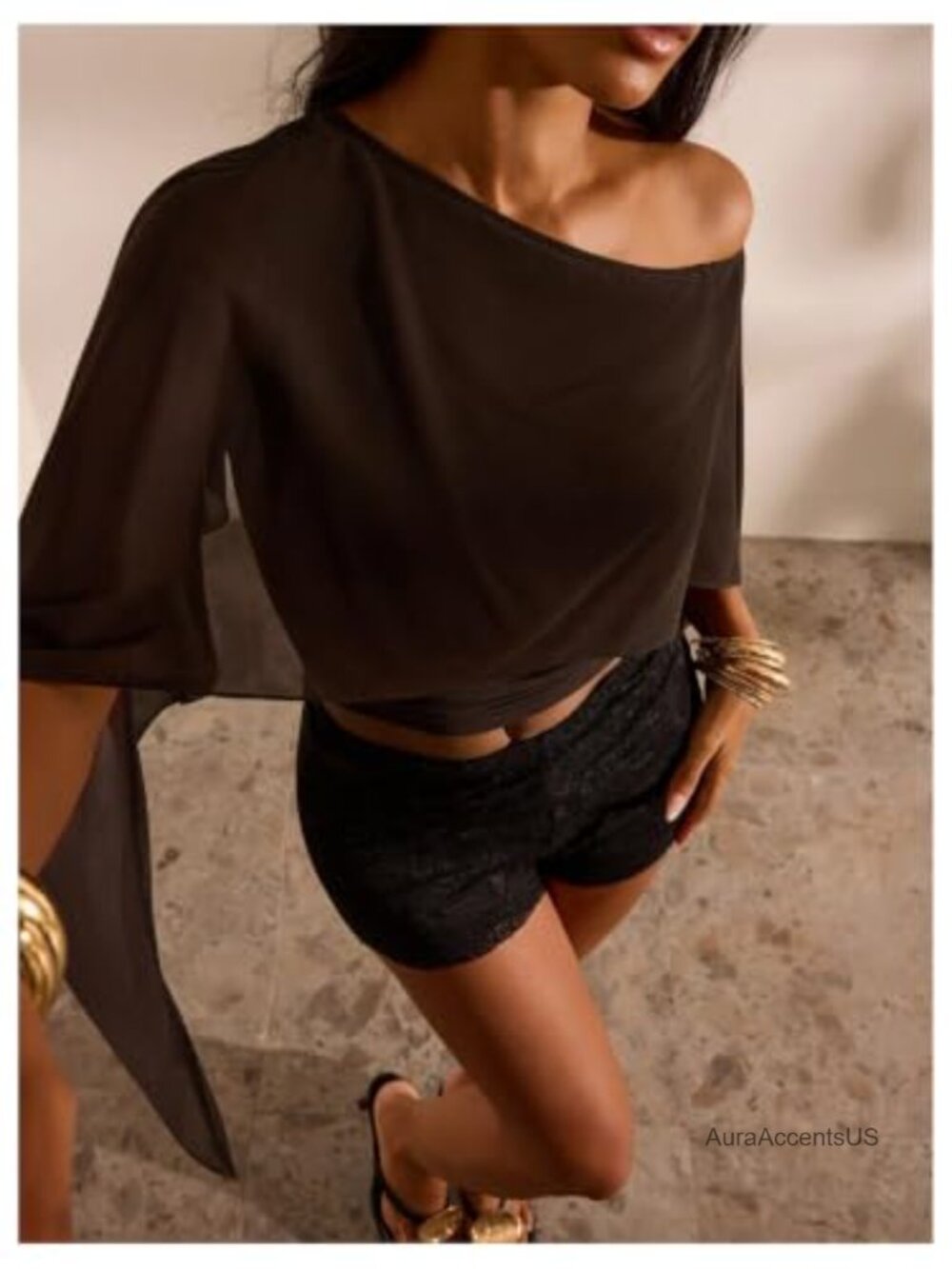 Women's Off Shoulder Cropped Cape Top Mesh Poncho 3/4 Sleeve Asymmetrical - Picture 3 of 5